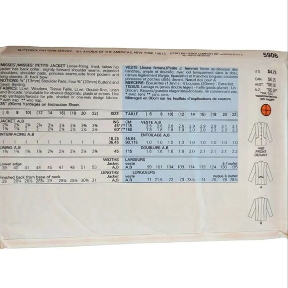 Butterick Pattern 5906 Jacket Size 6-8-10 UNCUT Couture - Picture 3 of 8